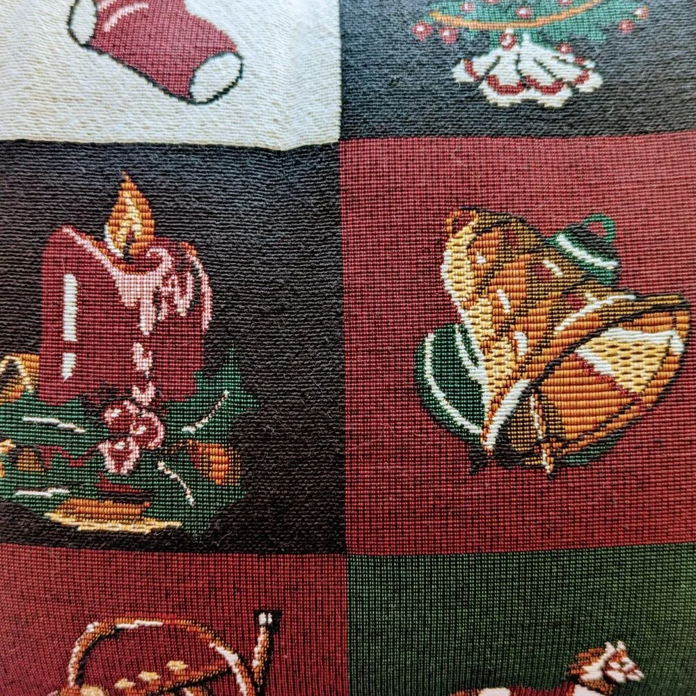 VTG Christmas Tapestry Throw Pillow Gold Trim Santa Tree Dove Stockings Horse